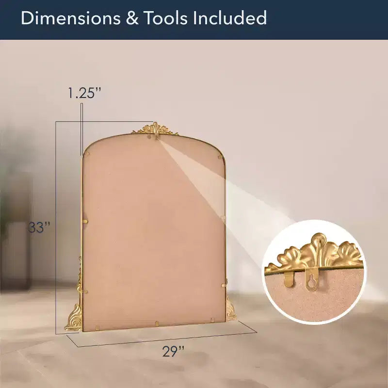 Specchio da parete decorativo in metallo ad arco 23" x 29.5" - Finitura oro antico