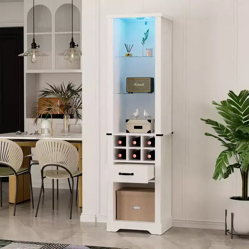Heynemo 75 Inches Tall Storage Cabinet with LED Light, Farmhouse Pantry Cabinet with Tempered Glass Adjustable Shelves, Wine Storage Rack