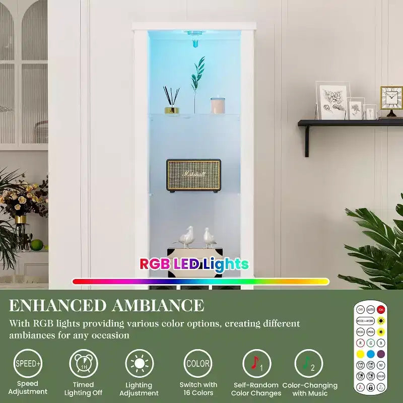 Mobile contenitore alto 75 pollici con luce LED, ripiani in vetro temperato e portabottiglie