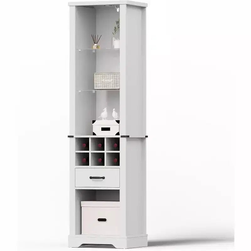 Mobile contenitore alto 75 pollici con luce LED, ripiani in vetro temperato e portabottiglie
