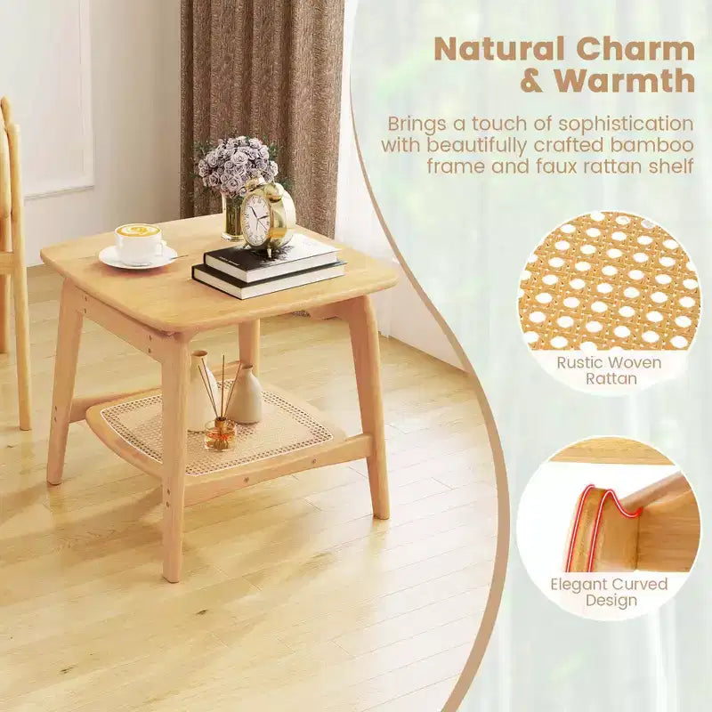 1/2 Pezzi Tavolino in bambù con ripiano portaoggetti in finto rattan – Tavolino Boho per soggiorno