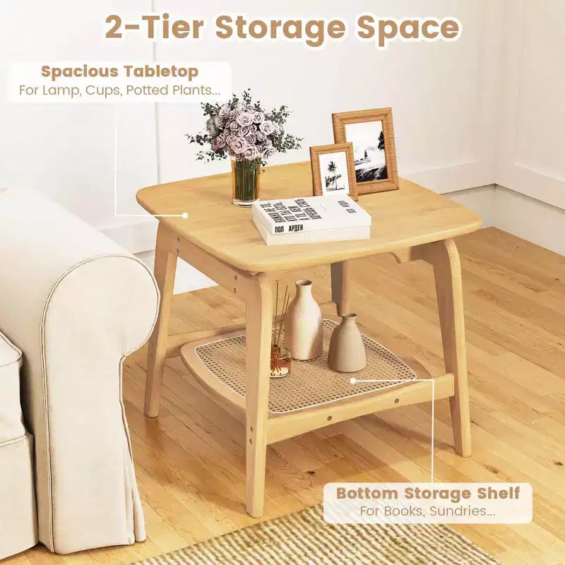 1/2 Pezzi Tavolino in bambù con ripiano portaoggetti in finto rattan – Tavolino Boho per soggiorno