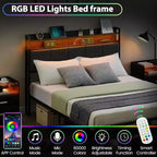 Letto con testiera contenitore, luci a LED e stazione di ricarica, 2 cassetti, nessuna molla richiesta