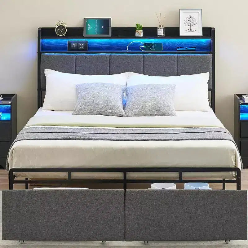 Letto con testiera contenitore, luci a LED e stazione di ricarica, 2 cassetti, nessuna molla richiesta