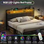 Letto con testiera contenitore, luci a LED e stazione di ricarica, 2 cassetti, nessuna molla richiesta
