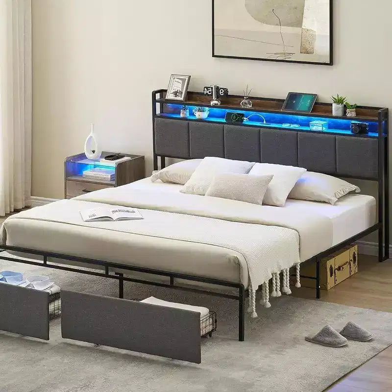 Letto con testiera contenitore, luci a LED e stazione di ricarica, 2 cassetti, nessuna molla richiesta