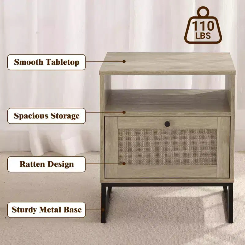 Comodino in Rattan con Cassetto e Ripiano Aperto, Gambe in Metallo, per Camera da Letto e Soggiorno