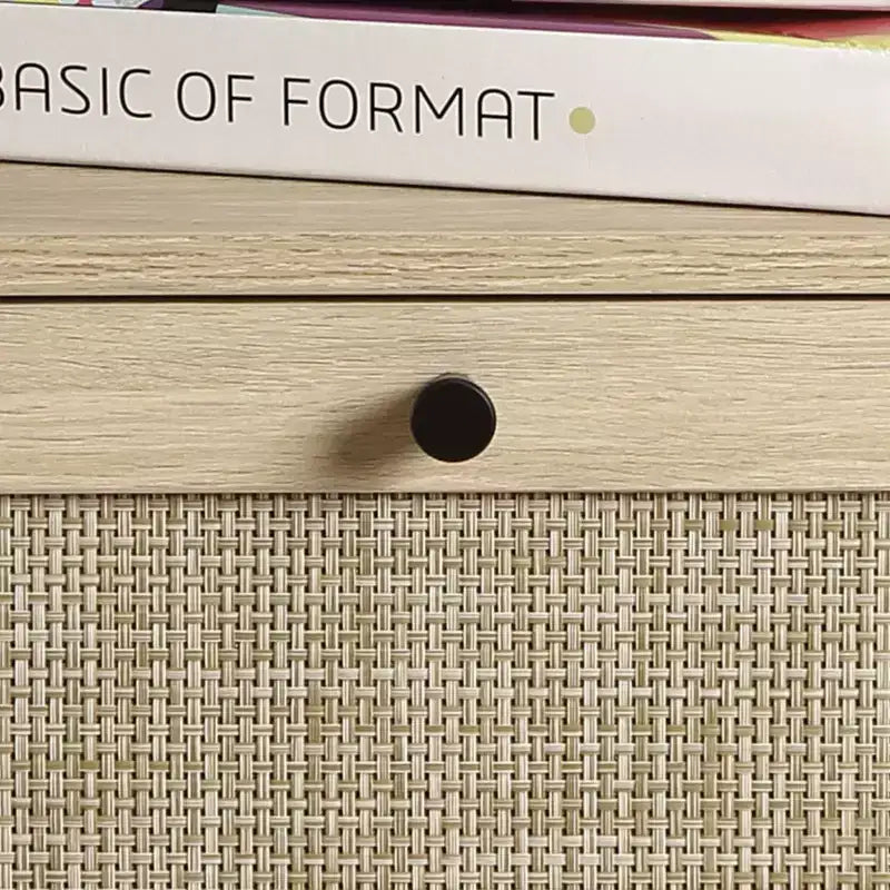 Comodino in Rattan con Cassetto e Ripiano Aperto, Gambe in Metallo, per Camera da Letto e Soggiorno