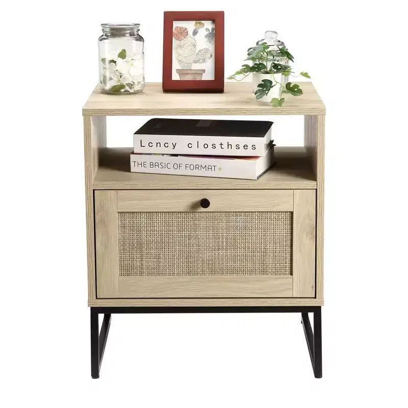 Comodino in Rattan con Cassetto e Ripiano Aperto, Gambe in Metallo, per Camera da Letto e Soggiorno