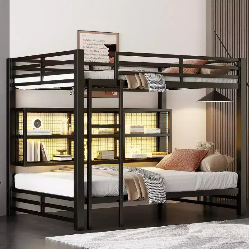 Metal Queen over Queen Bunk Bed with Storage Cabinets and LED, Black - ModernLuxe