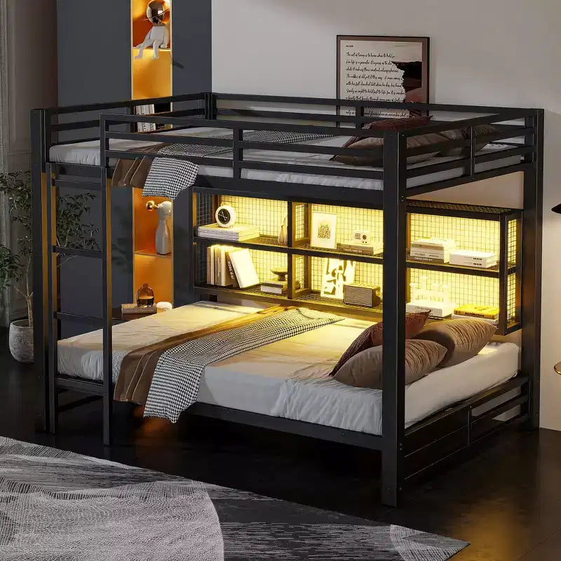 Letto a castello Queen su Queen in metallo con armadietti e luci LED, Nero