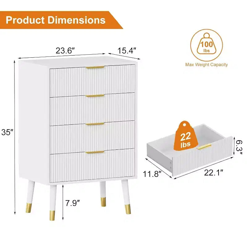 4-Drawer Dresser with Gold Metal Handles, Fluted Chest of Drawers for Bedroom, Living Room and Entryway