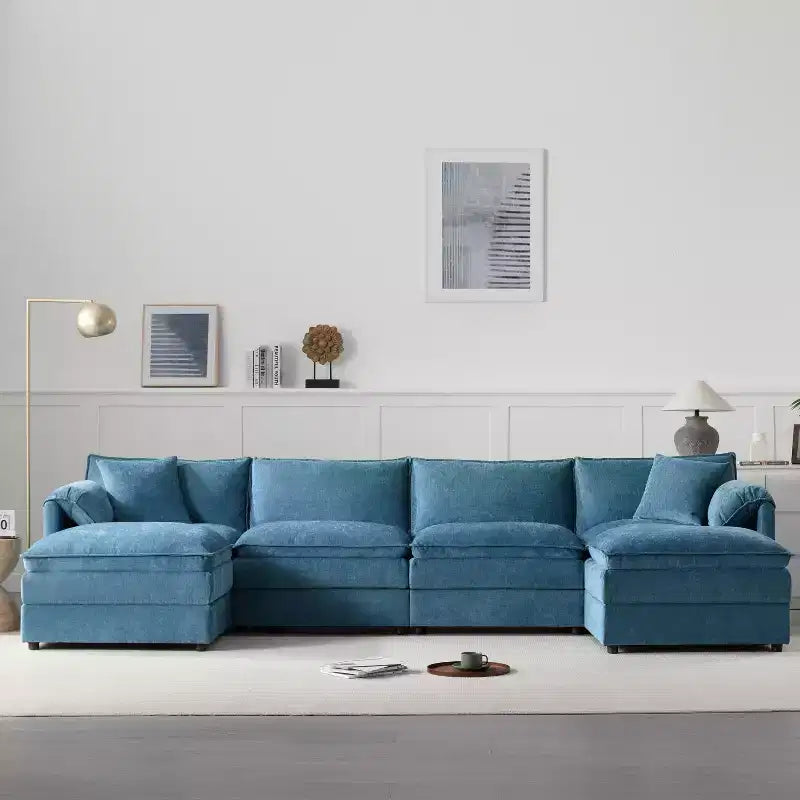 Divano sezionale modulare a U a 6 pezzi in ciniglia con due pouf