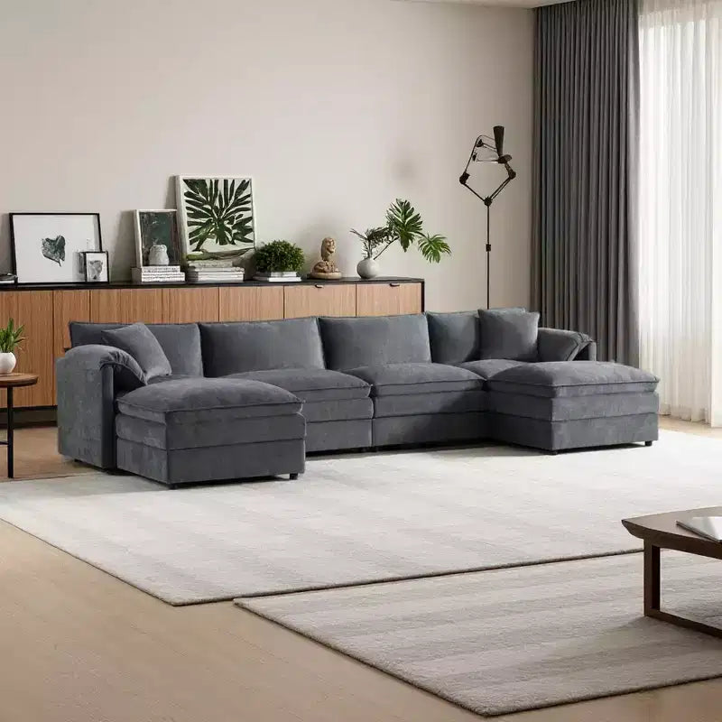 Divano sezionale modulare a U a 6 pezzi in ciniglia con due pouf