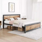 Telaio Letto Industriale in Metallo con Testiera in Legno