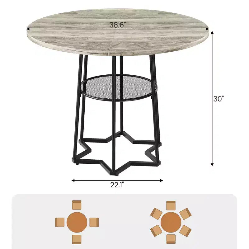 Tavolo da pranzo rotondo per 4 con piano in legno, base in metallo e ripiano portaoggetti, 98 cm