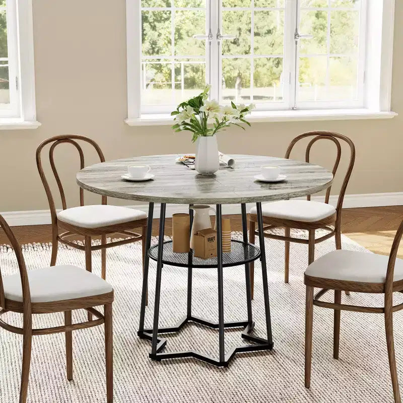 Tavolo da pranzo rotondo per 4 con piano in legno, base in metallo e ripiano portaoggetti, 98 cm