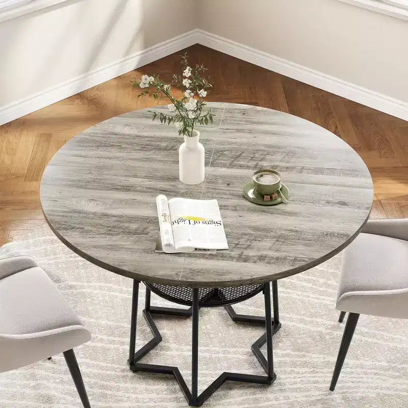 Tavolo da pranzo rotondo per 4 con piano in legno, base in metallo e ripiano portaoggetti, 98 cm