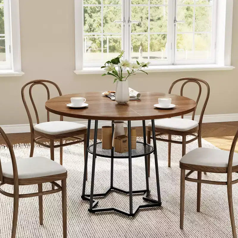 Tavolo da pranzo rotondo per 4 con piano in legno, base in metallo e ripiano portaoggetti, 98 cm