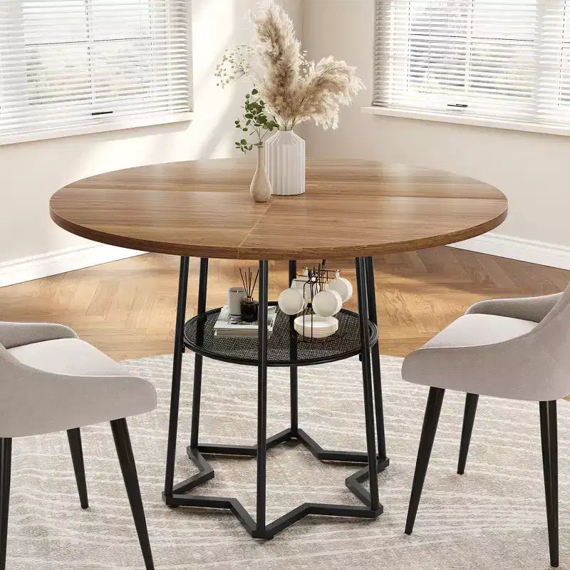 Tavolo da pranzo rotondo per 4 con piano in legno, base in metallo e ripiano portaoggetti, 98 cm