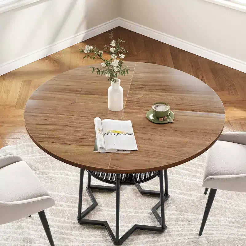 Tavolo da pranzo rotondo per 4 con piano in legno, base in metallo e ripiano portaoggetti, 98 cm