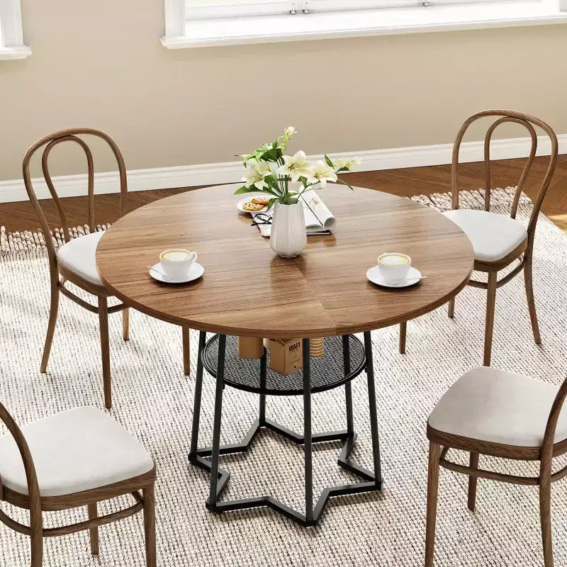 Tavolo da pranzo rotondo per 4 con piano in legno, base in metallo e ripiano portaoggetti, 98 cm