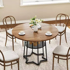 Tavolo da pranzo rotondo per 4 con piano in legno, base in metallo e ripiano portaoggetti, 98 cm