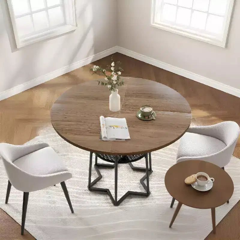 Tavolo da pranzo rotondo per 4 con piano in legno, base in metallo e ripiano portaoggetti, 98 cm