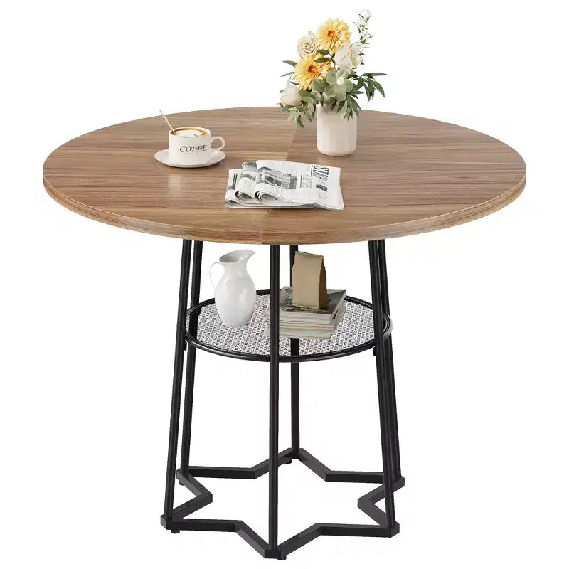 COZONY Round Dining Table for 4, 38.6 Farmhouse Kitchen Table with Wood Top & Metal Base, Storage Shelf, Rustic Dining Room Table (Table Only)