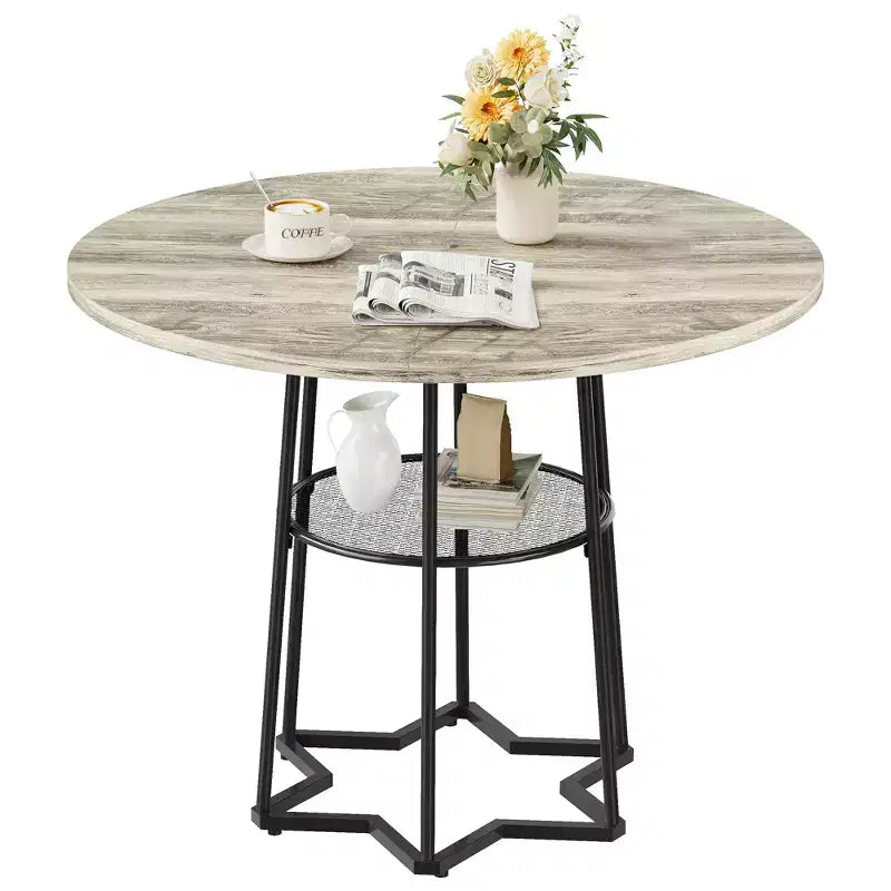 Tavolo da pranzo rotondo per 4 con piano in legno, base in metallo e ripiano portaoggetti, 98 cm