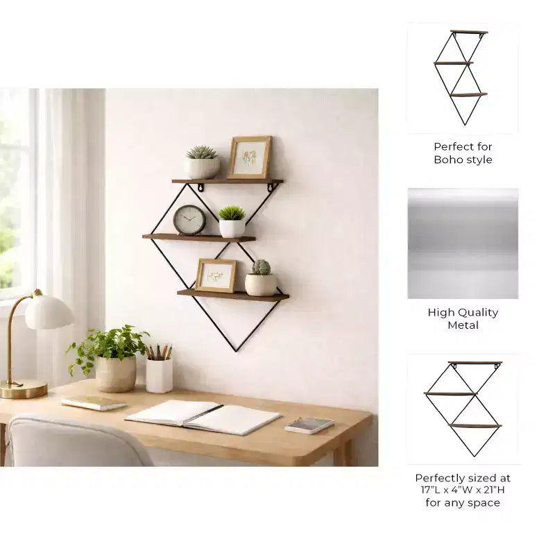 Mensola da Parete in Metallo a Diamante – 3 Livelli, 43,2 x 10,2 x 53,3 cm, Marrone e Nero