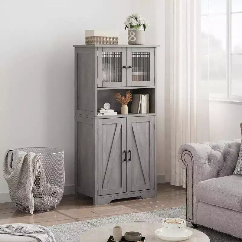 COZONY 54 Farmhouse Storage Cabinet with Glass Doors, Adjustable Shelves, Freestanding Pantry Cupboard for Kitchen, Bathroom, Living Room