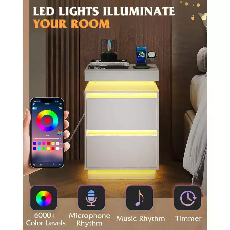 Comodino con luce LED e stazione di ricarica - 2 cassetti in legno e piano scorrevole, tavolino moderno per il comodino