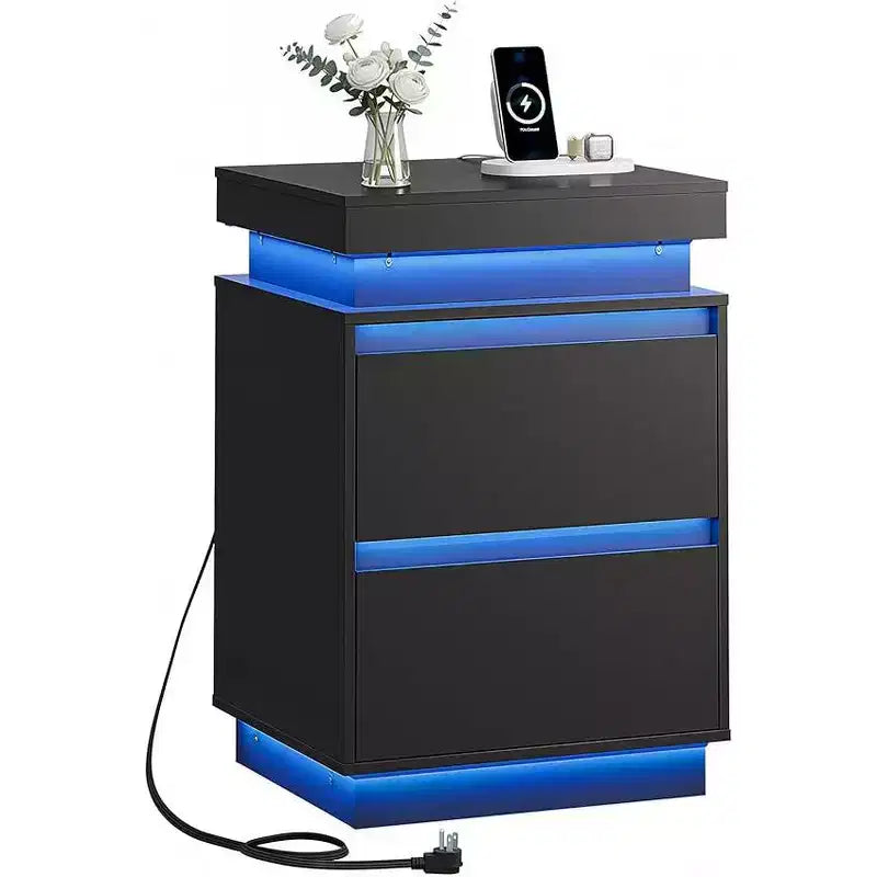 Comodino con luce LED e stazione di ricarica - 2 cassetti in legno e piano scorrevole, tavolino moderno per il comodino