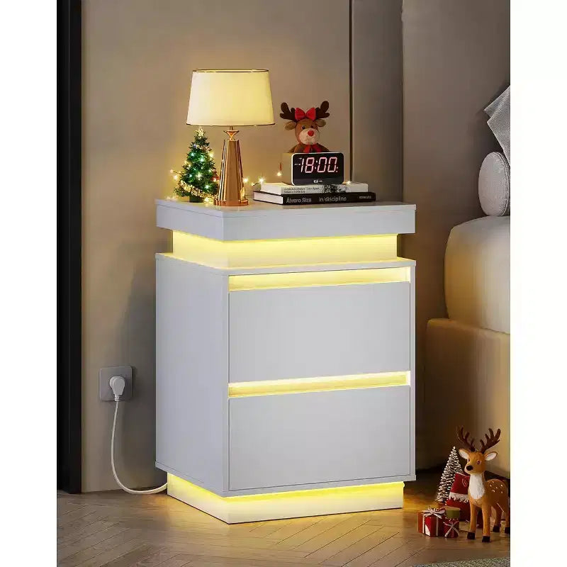 Comodino con luce LED e stazione di ricarica - 2 cassetti in legno e piano scorrevole, tavolino moderno per il comodino