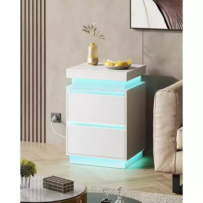 Comodino con luce LED e stazione di ricarica - 2 cassetti in legno e piano scorrevole, tavolino moderno per il comodino