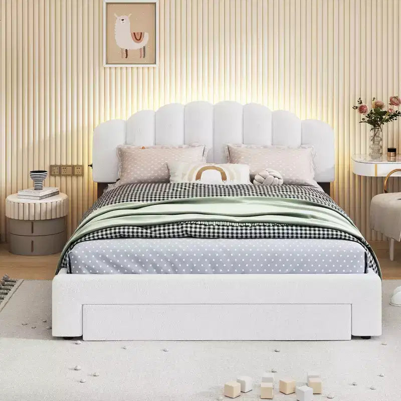 Letto a piattaforma imbottito con cassetto contenitore, illuminazione a LED e porte USB – Bianco