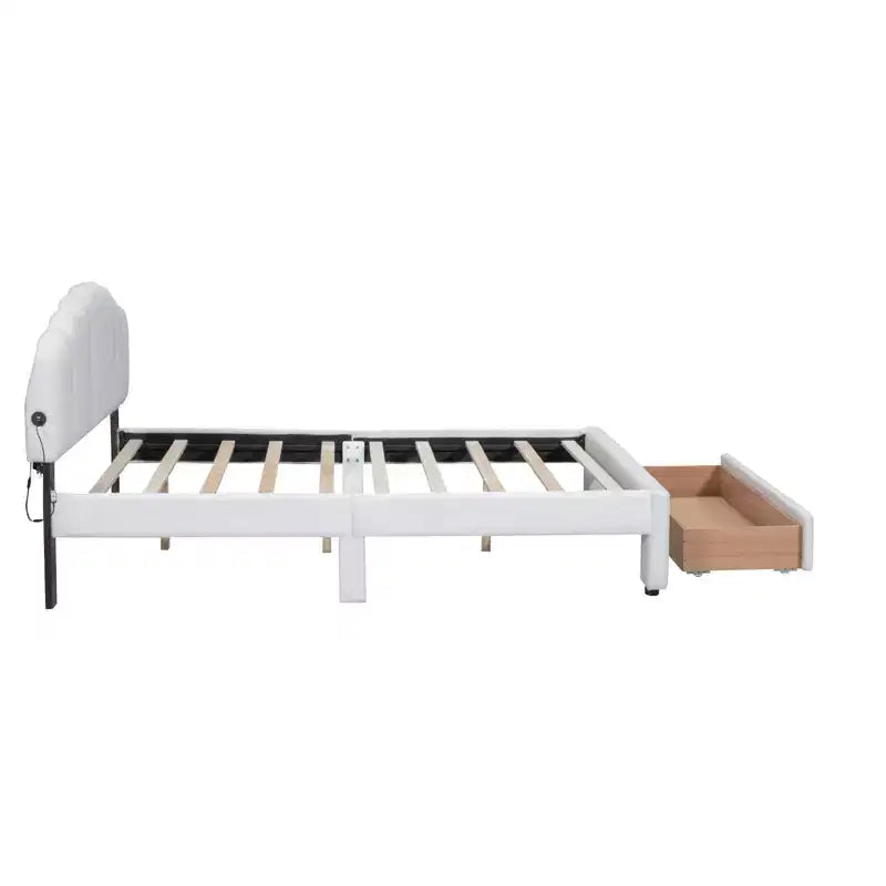 Letto a piattaforma imbottito con cassetto contenitore, illuminazione a LED e porte USB – Bianco