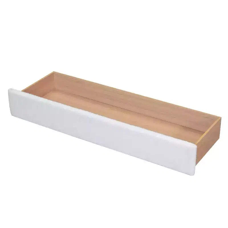 Letto a piattaforma imbottito con cassetto contenitore, illuminazione a LED e porte USB – Bianco
