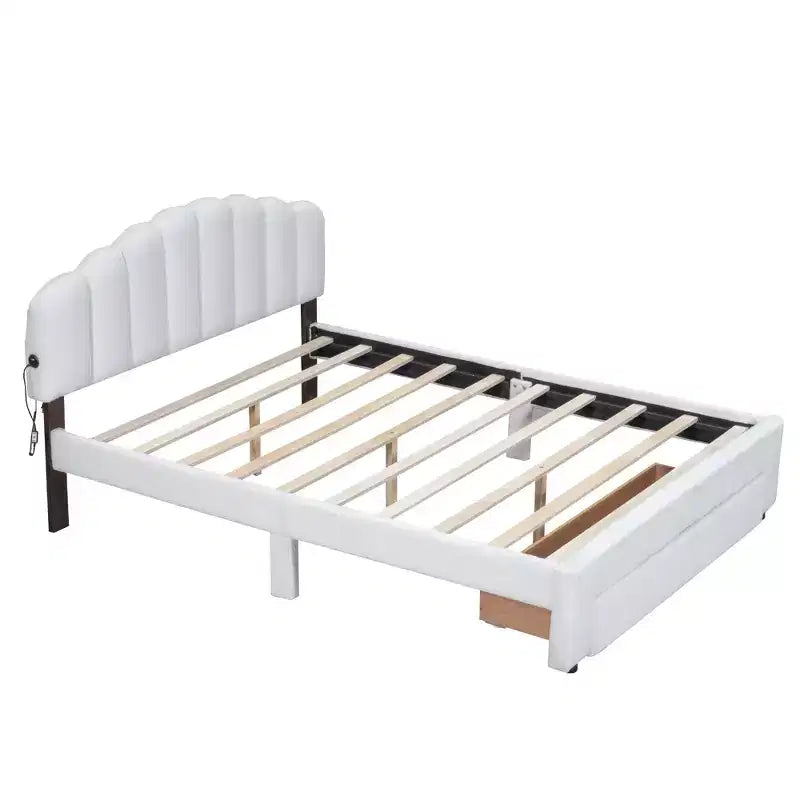 Letto a piattaforma imbottito con cassetto contenitore, illuminazione a LED e porte USB – Bianco