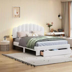 Letto a piattaforma imbottito con cassetto contenitore, illuminazione a LED e porte USB – Bianco