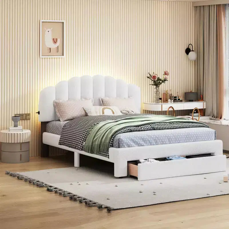 Letto a piattaforma imbottito con cassetto contenitore, illuminazione a LED e porte USB – Bianco