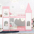 Twin over Twin Castle Bunk Bed with Ladder, Solid Pine Wood Floor House Princess Bunk Bed, Pink