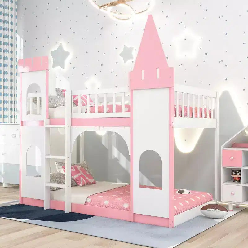 Letto a castello singolo su singolo Castello con scaletta e sponde di protezione, Rosa