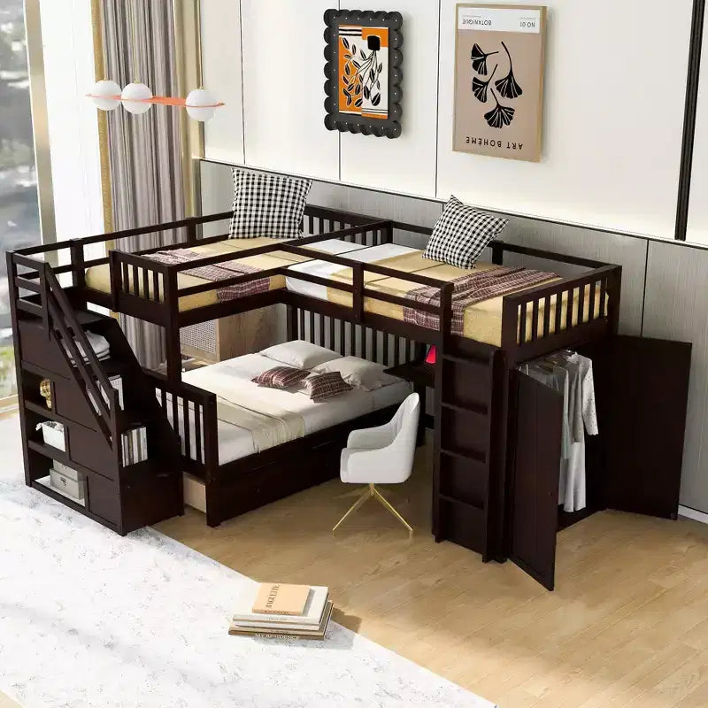 Twin-Twin over Full L-Shaped Bunk Bed with Wardrobe Space, Solid Wood Staircase Bunk Bed with Portable Desk