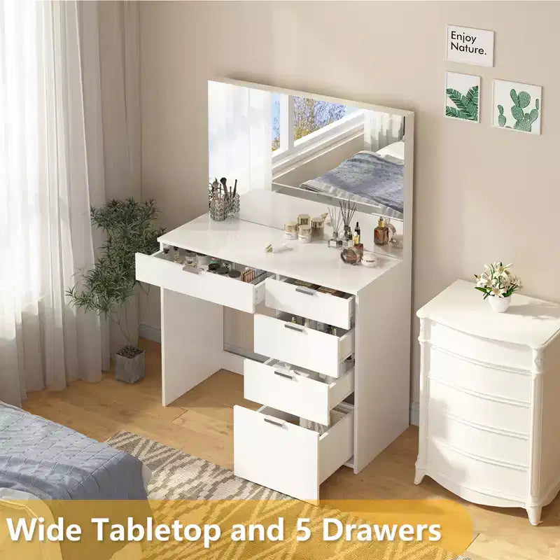 Scrivania Trucco Illuminata con Specchio e 5 Cassetti
