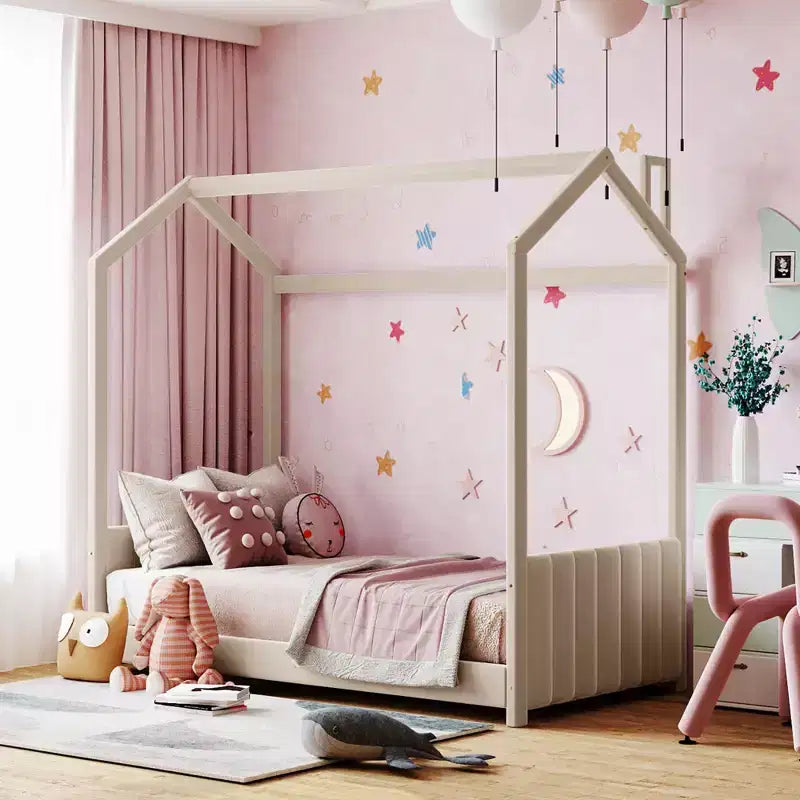 Twin/Full Size House Bed Velvet Platform Bed Frame Wood Bed for Kid, Beige - ModernLuxe