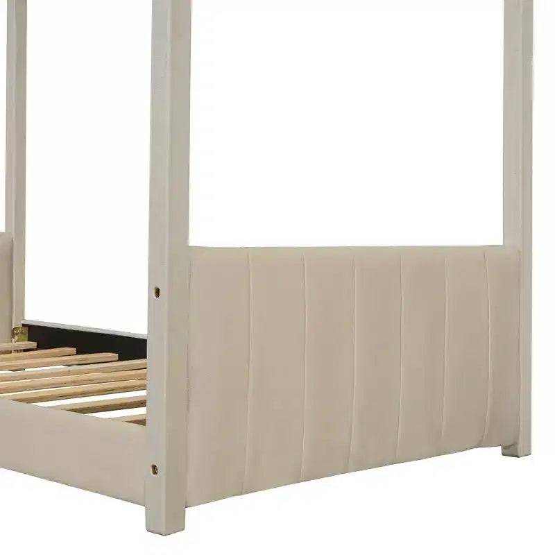 Telaio letto a casetta per materasso singolo/matrimoniale, con rivestimento in velluto, beige