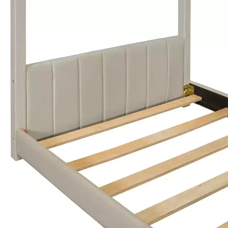 Telaio letto a casetta per materasso singolo/matrimoniale, con rivestimento in velluto, beige