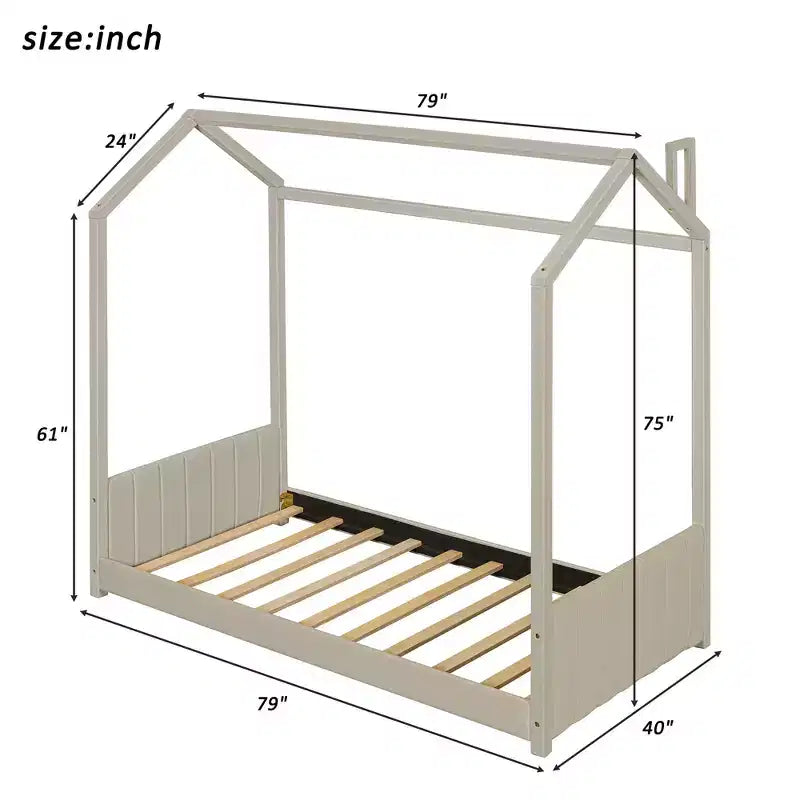 Telaio letto a casetta per materasso singolo/matrimoniale, con rivestimento in velluto, beige